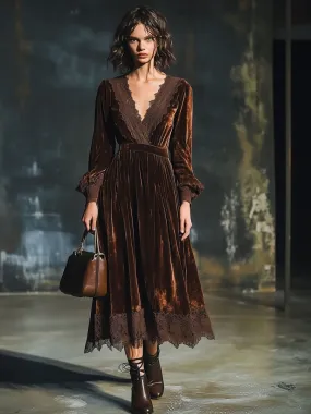【24-hour shipping】Casual Retro V-neck Lace Stitching Velvet Long Sleeve Midi Dress