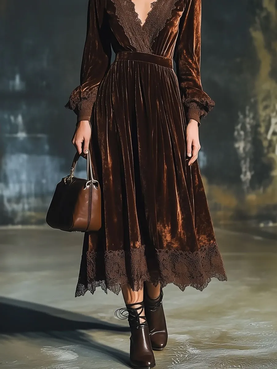 【24-hour shipping】Casual Retro V-neck Lace Stitching Velvet Long Sleeve Midi Dress