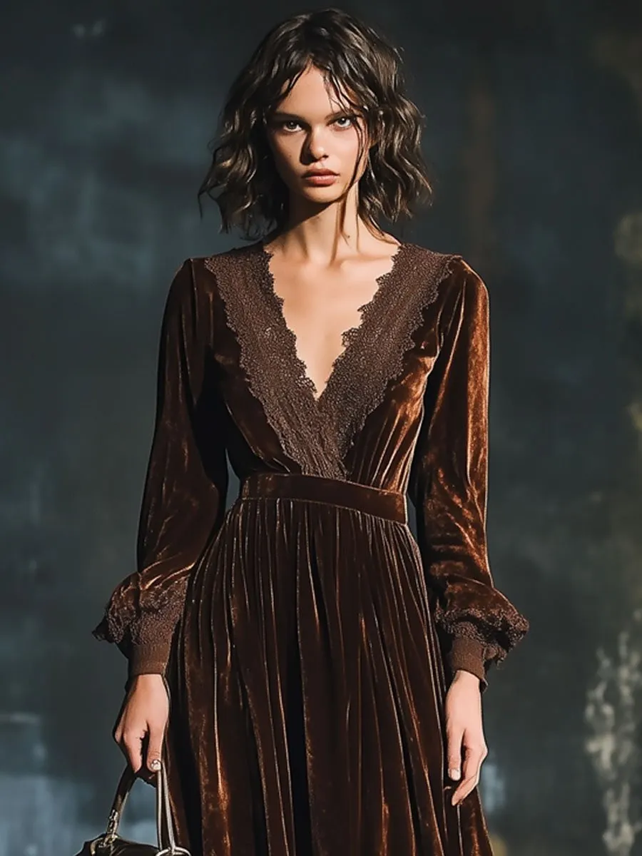 【24-hour shipping】Casual Retro V-neck Lace Stitching Velvet Long Sleeve Midi Dress