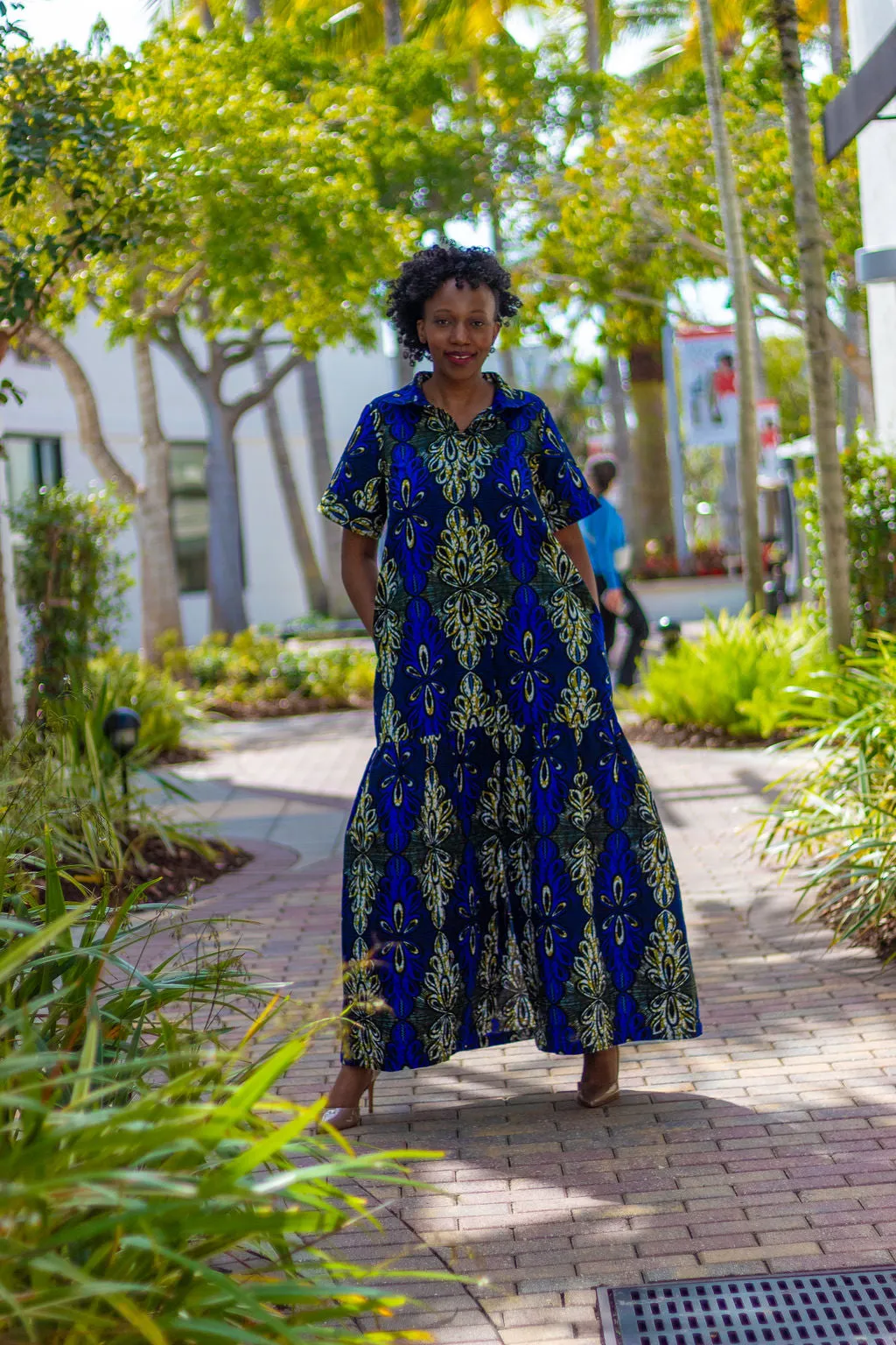 African Print /Ankara/Kitenge Maxi Dress - Royal Blue /Olive Green/Black Floral Print Short Sleeved Button Down Long Shirt Dress