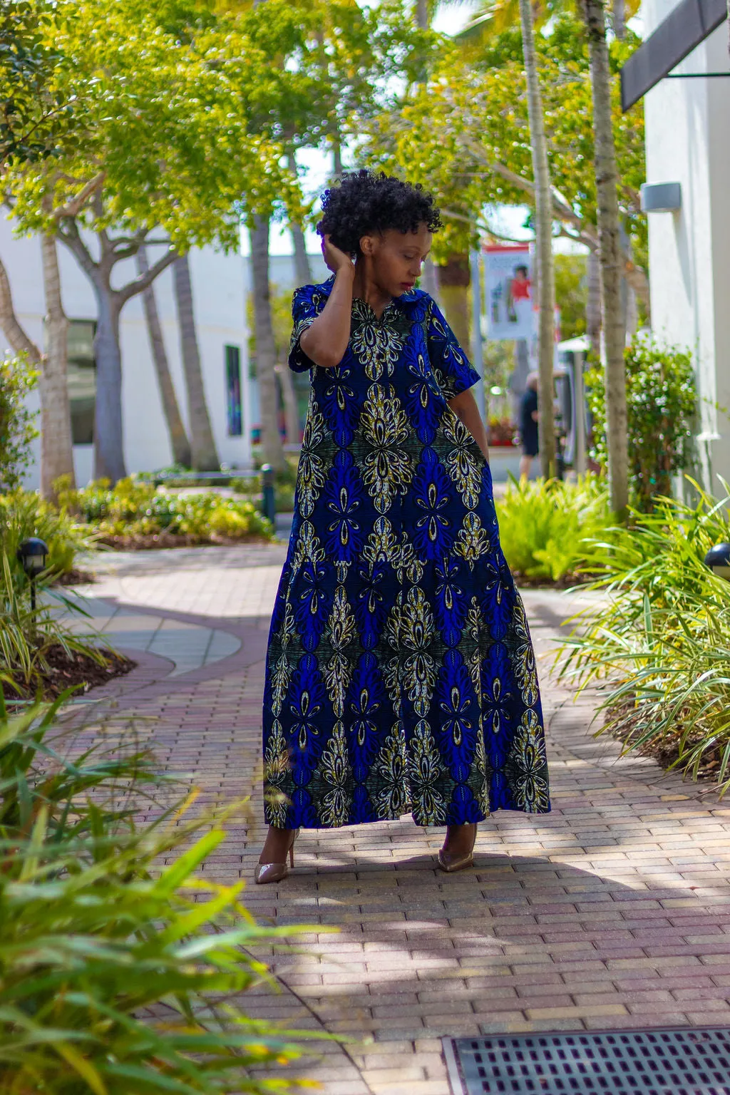 African Print /Ankara/Kitenge Maxi Dress - Royal Blue /Olive Green/Black Floral Print Short Sleeved Button Down Long Shirt Dress