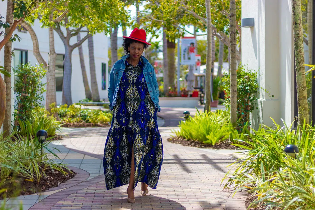 African Print /Ankara/Kitenge Maxi Dress - Royal Blue /Olive Green/Black Floral Print Short Sleeved Button Down Long Shirt Dress