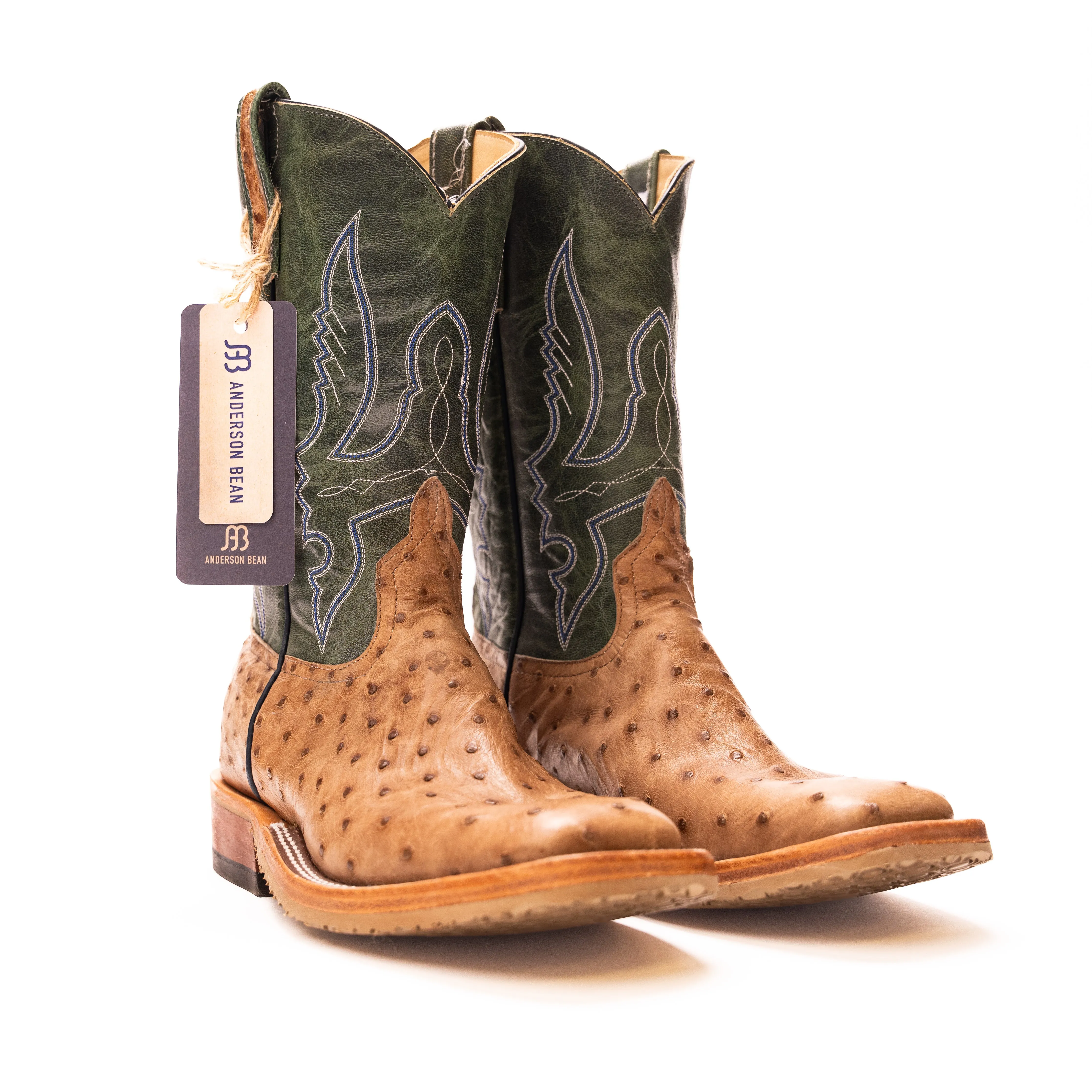 Anderson Bean Tan Full Quill Ostrich with Green Tops