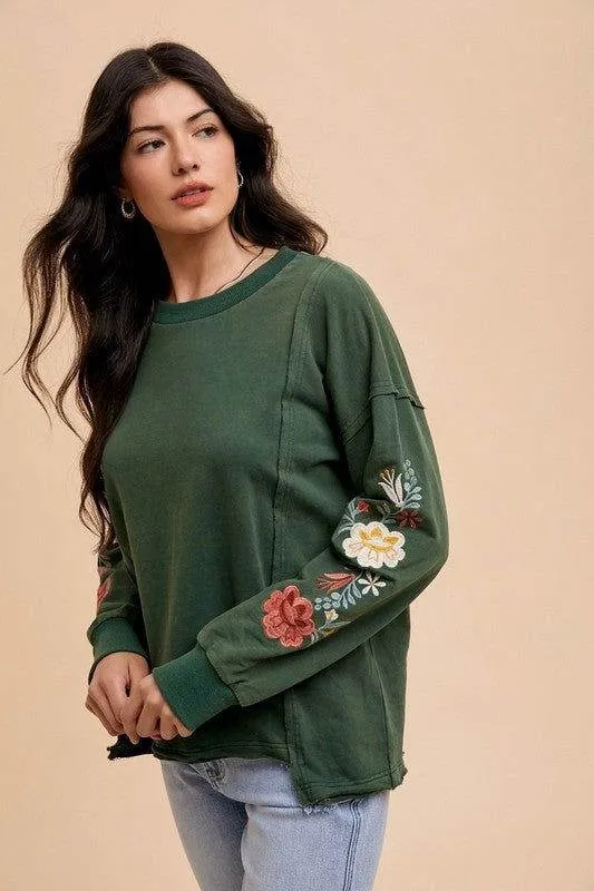 Annie Wear Embroidered Long Sleeve French Terry Top In Black
