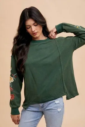 Annie Wear Embroidered Long Sleeve French Terry Top In Black