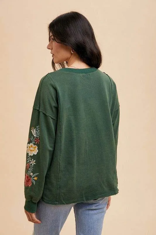 Annie Wear Embroidered Long Sleeve French Terry Top In Black