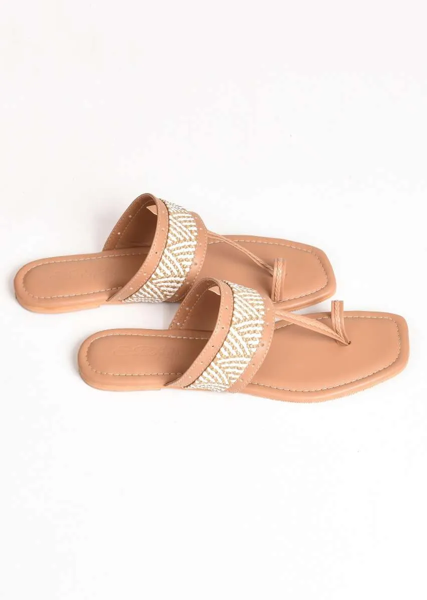 Beige T Shaped Kolhapuri Flats With Geometric Design By Sole House