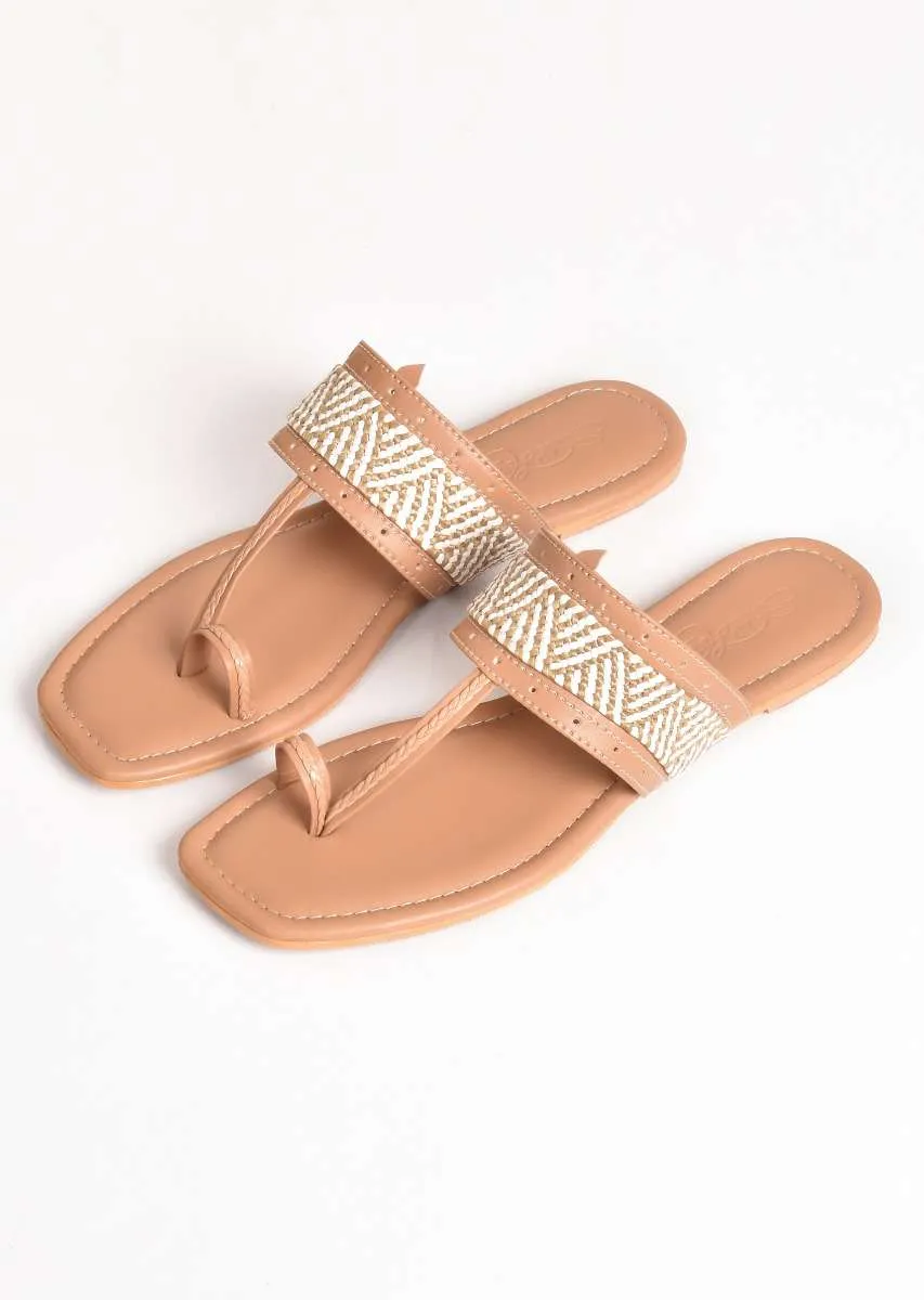 Beige T Shaped Kolhapuri Flats With Geometric Design By Sole House