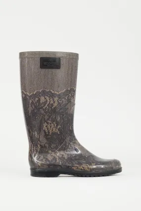 Black & Beige Lace Print Rubber Rain Boot