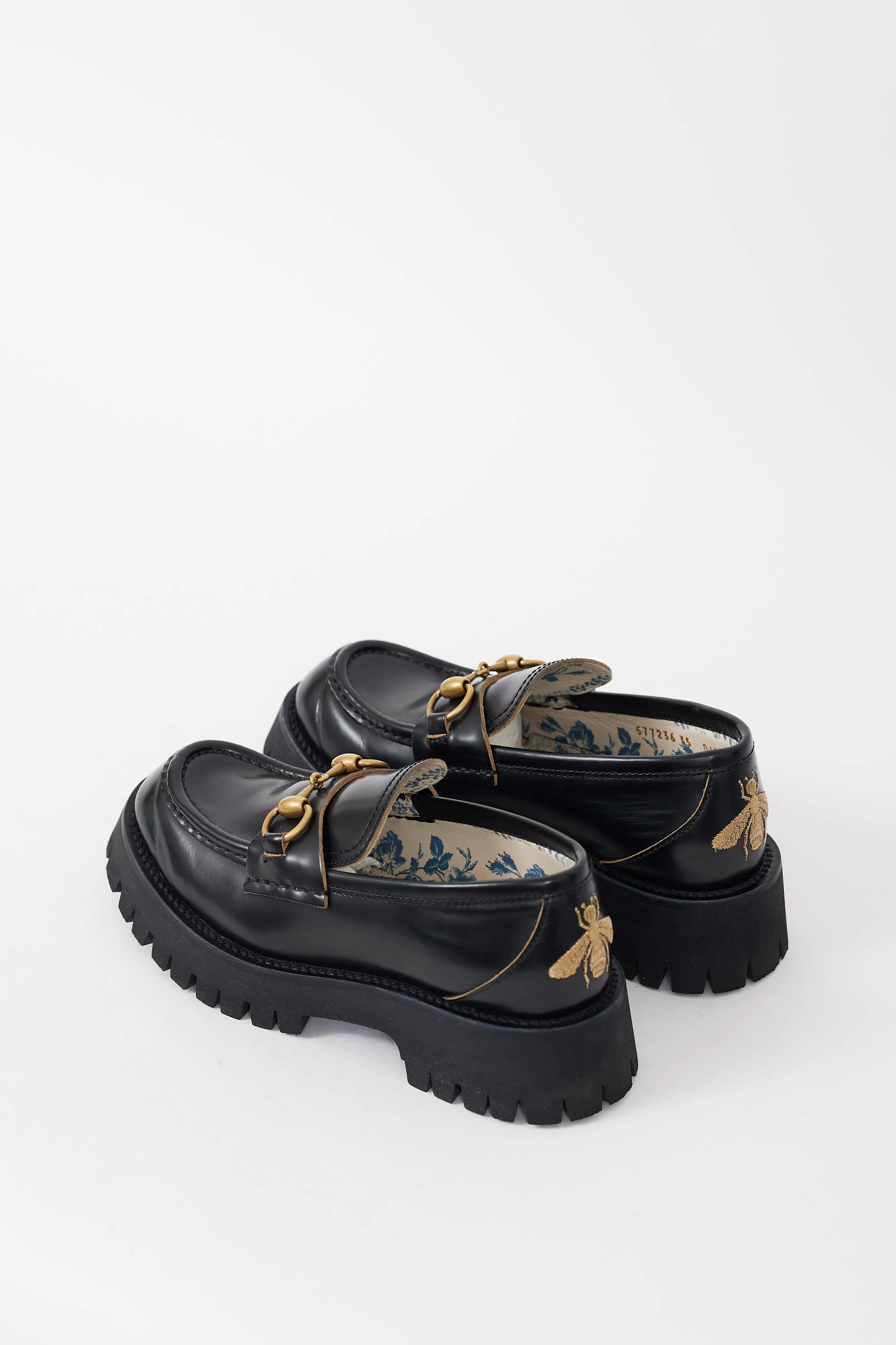 Black & Gold Leather Embroidered Lug Sole Loafer