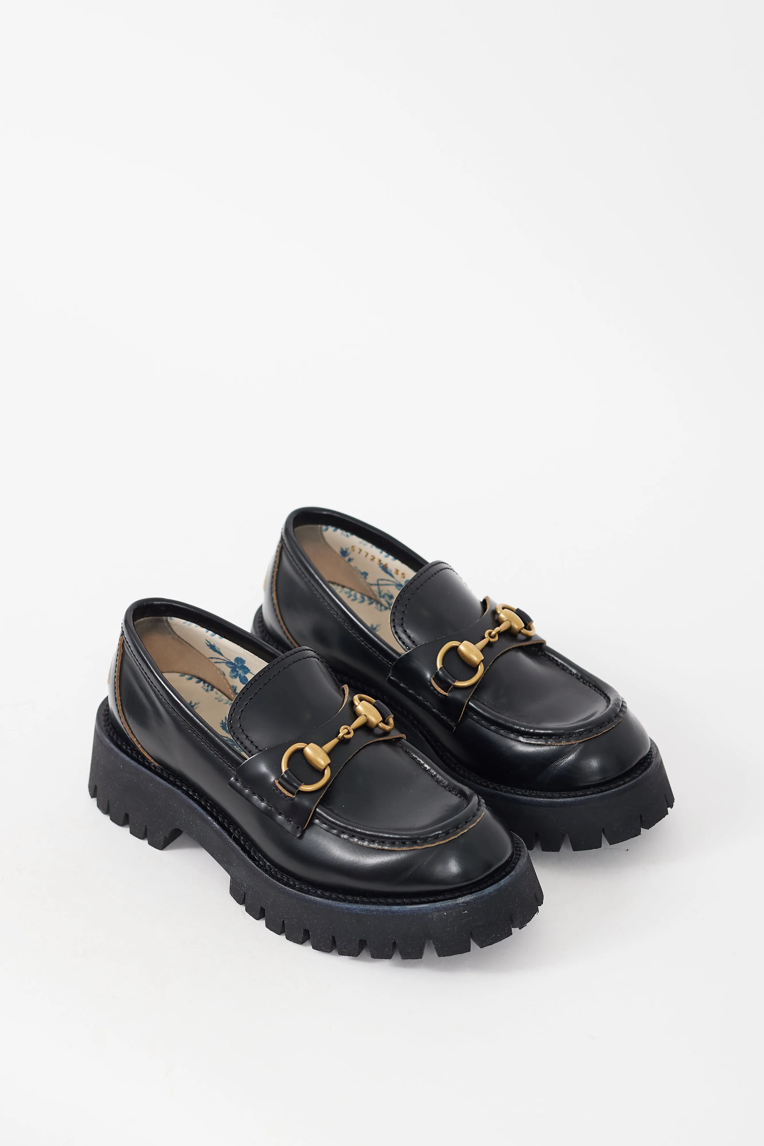 Black & Gold Leather Embroidered Lug Sole Loafer