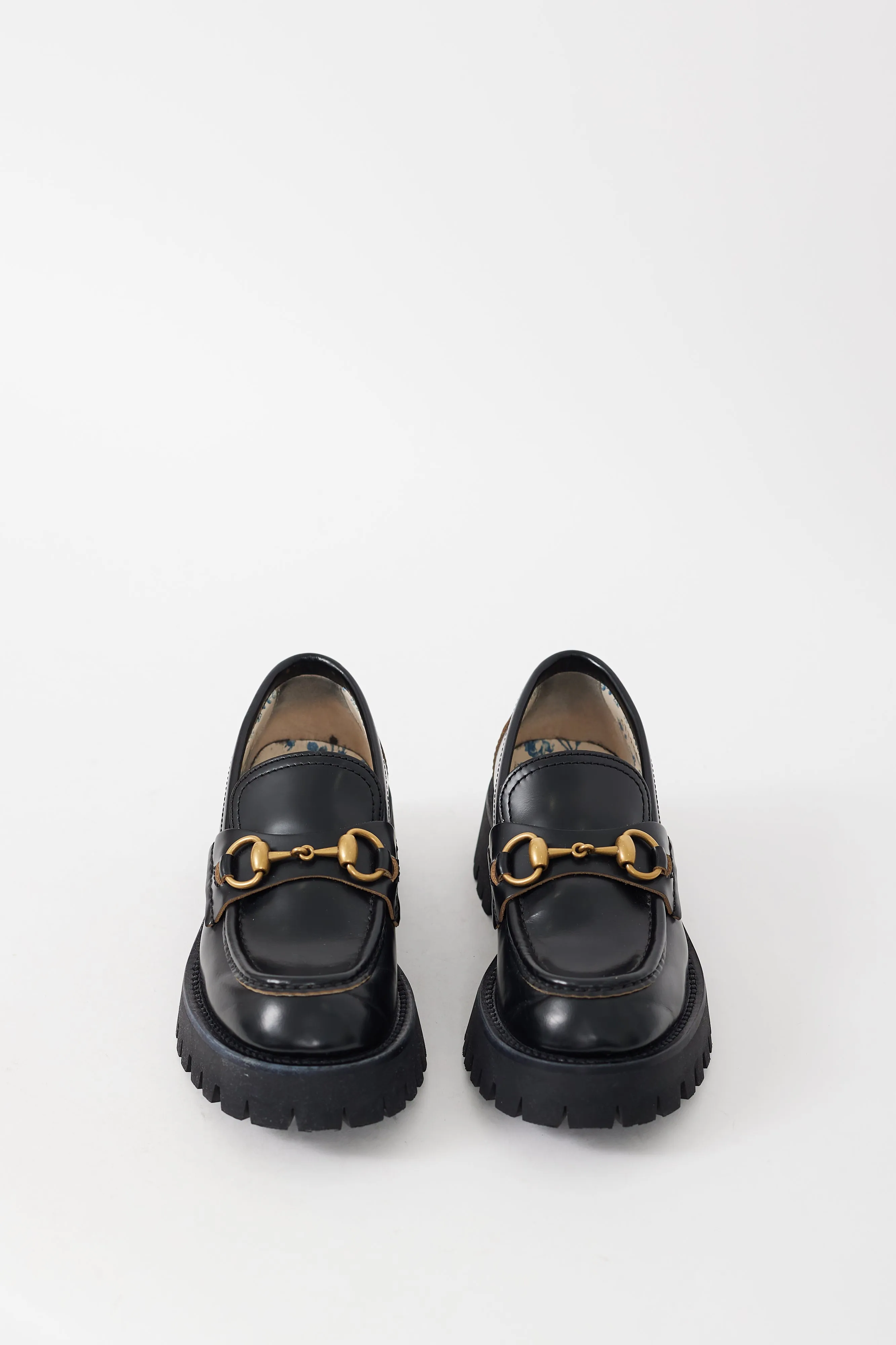 Black & Gold Leather Embroidered Lug Sole Loafer