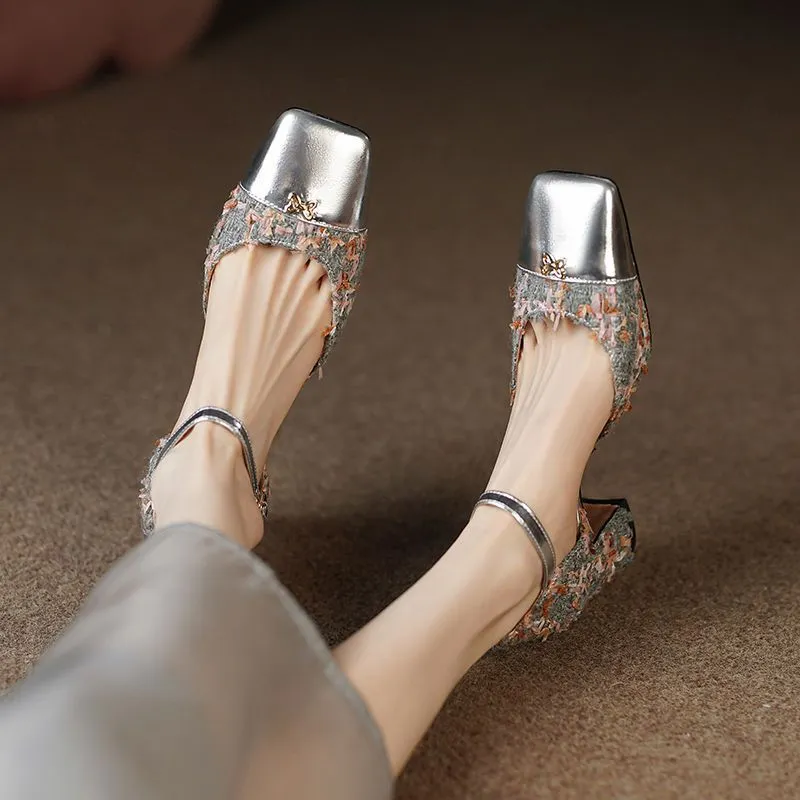 Footwear with Medium Heels Summer  Silver Sandals for Woman Party Weddings Women's Shoes Closed Square H Chic and Elegant F