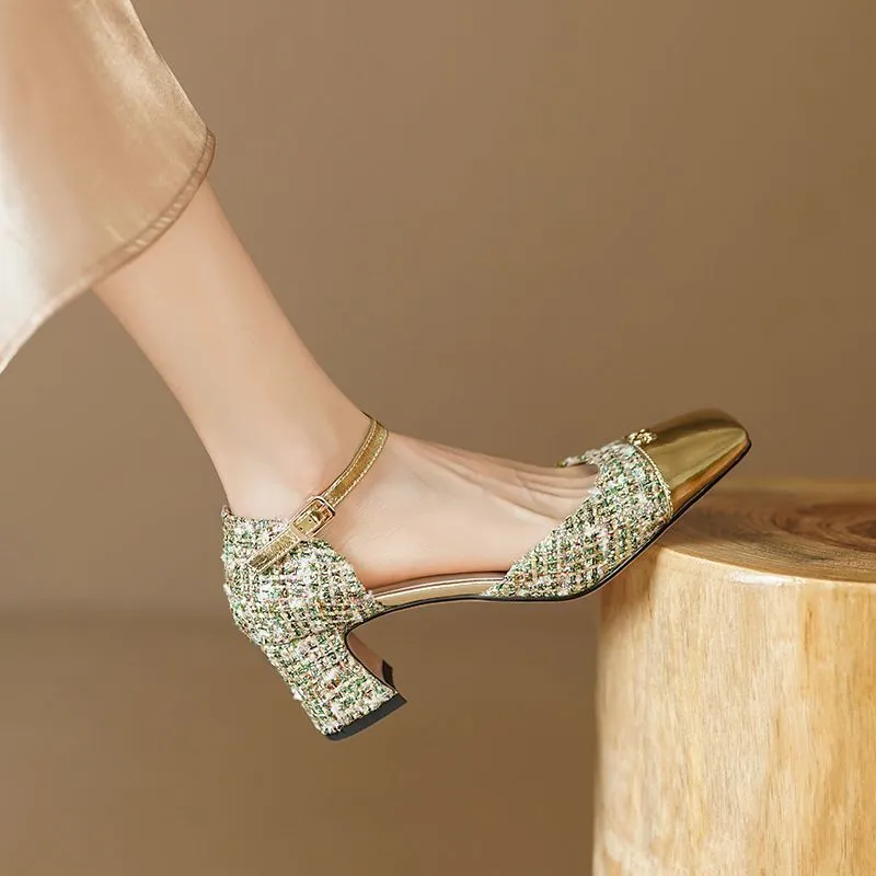 Footwear with Medium Heels Summer  Silver Sandals for Woman Party Weddings Women's Shoes Closed Square H Chic and Elegant F