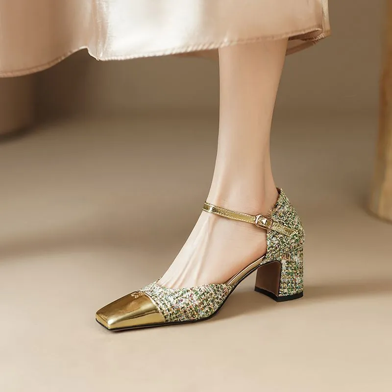 Footwear with Medium Heels Summer  Silver Sandals for Woman Party Weddings Women's Shoes Closed Square H Chic and Elegant F
