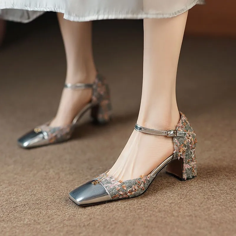 Footwear with Medium Heels Summer  Silver Sandals for Woman Party Weddings Women's Shoes Closed Square H Chic and Elegant F