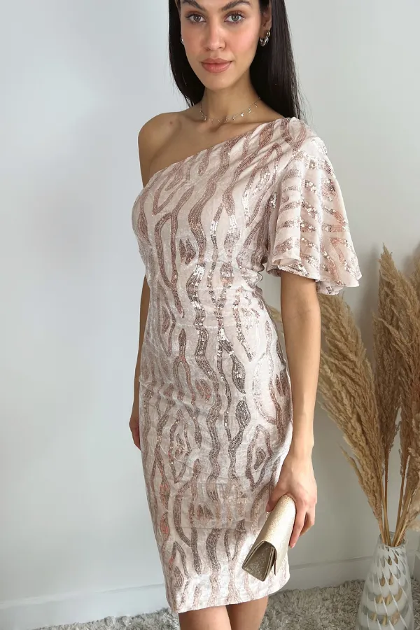 Glam One-Shoulder Velvet Midi Dress with Sequin Detail