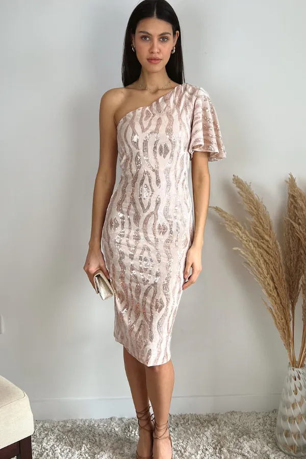 Glam One-Shoulder Velvet Midi Dress with Sequin Detail