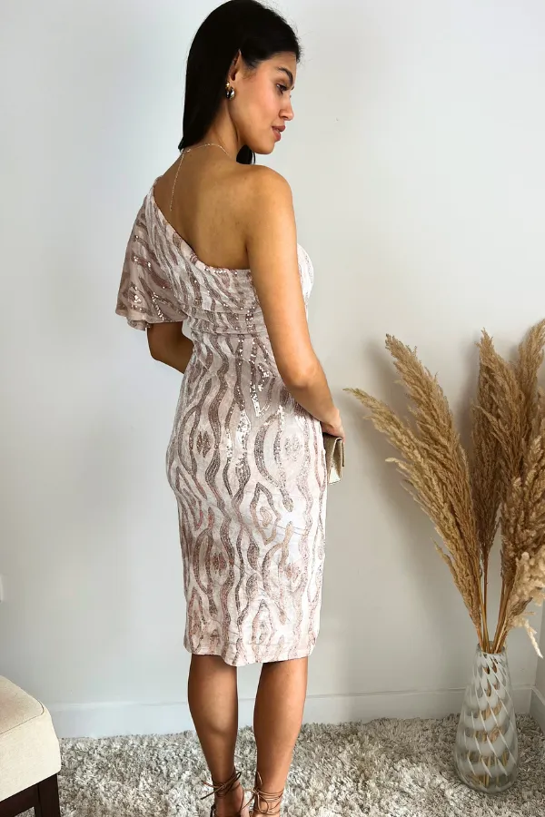 Glam One-Shoulder Velvet Midi Dress with Sequin Detail