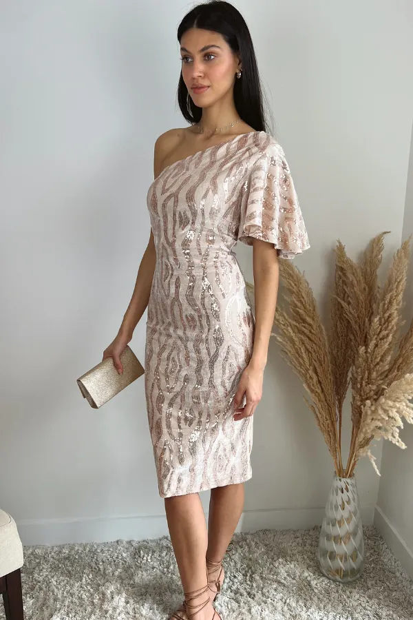 Glam One-Shoulder Velvet Midi Dress with Sequin Detail