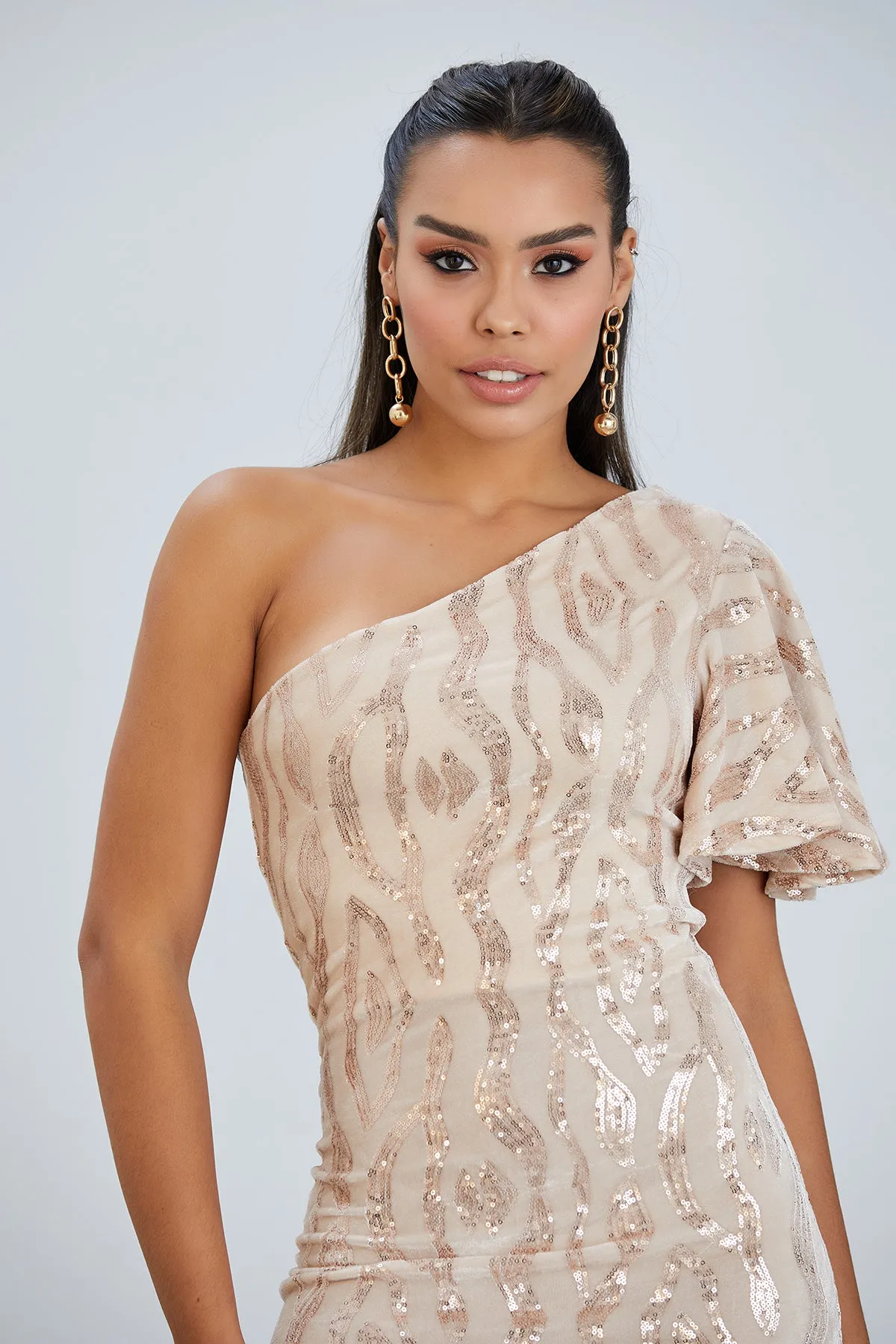 Glam One-Shoulder Velvet Midi Dress with Sequin Detail