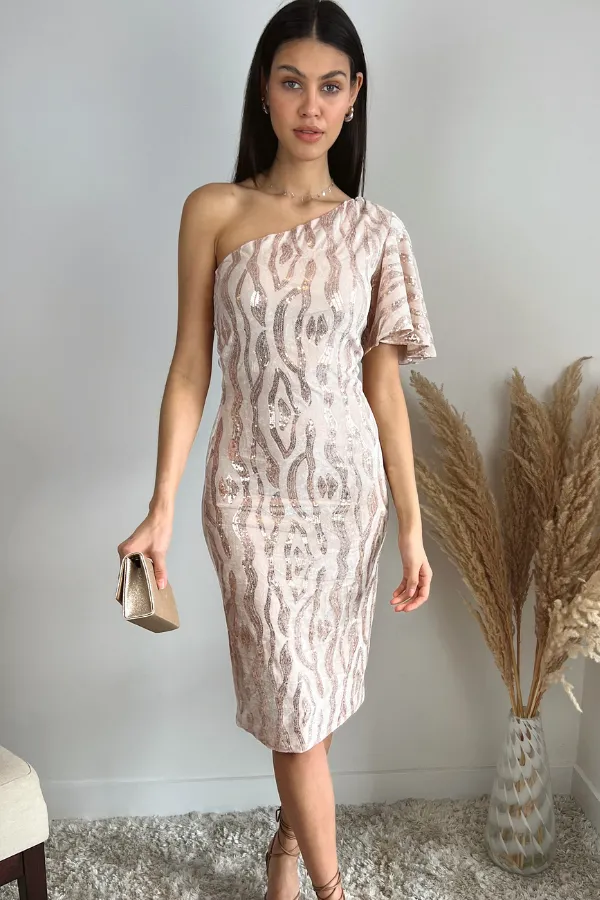 Glam One-Shoulder Velvet Midi Dress with Sequin Detail