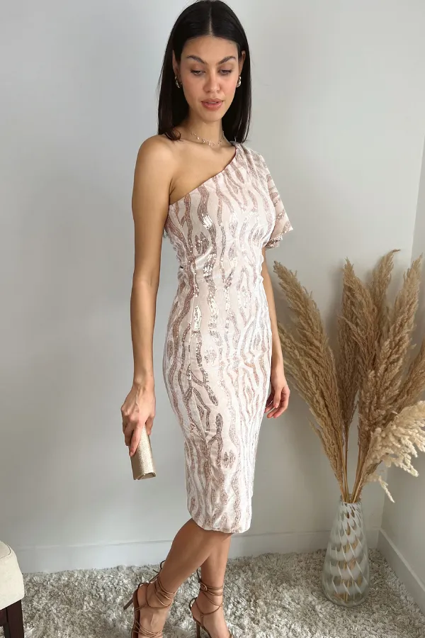 Glam One-Shoulder Velvet Midi Dress with Sequin Detail