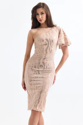 Glam One-Shoulder Velvet Midi Dress with Sequin Detail