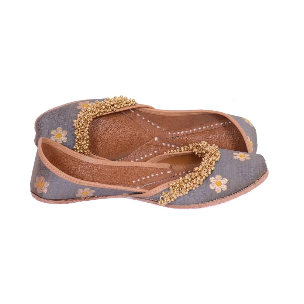 Grey Floral Silk Ghungroo Stud Jutti | Hand-Crafted | Ethnic Festive Wear