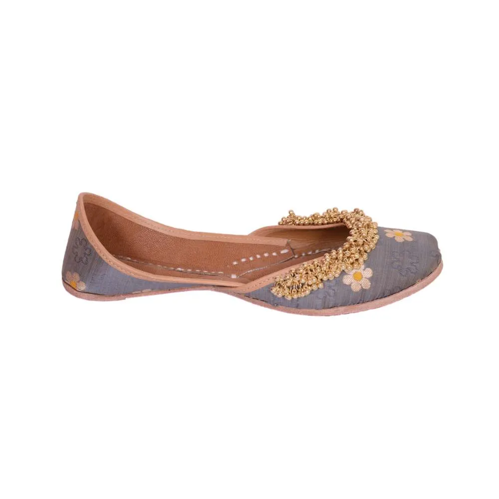 Grey Floral Silk Ghungroo Stud Jutti | Hand-Crafted | Ethnic Festive Wear