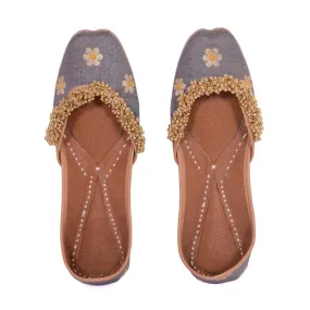 Grey Floral Silk Ghungroo Stud Jutti | Hand-Crafted | Ethnic Festive Wear
