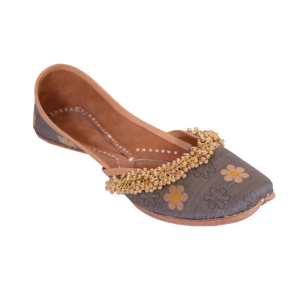 Grey Floral Silk Ghungroo Stud Jutti | Hand-Crafted | Ethnic Festive Wear