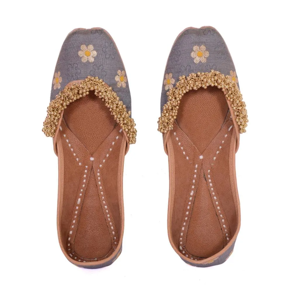 Grey Floral Silk Ghungroo Stud Jutti | Hand-Crafted | Ethnic Festive Wear