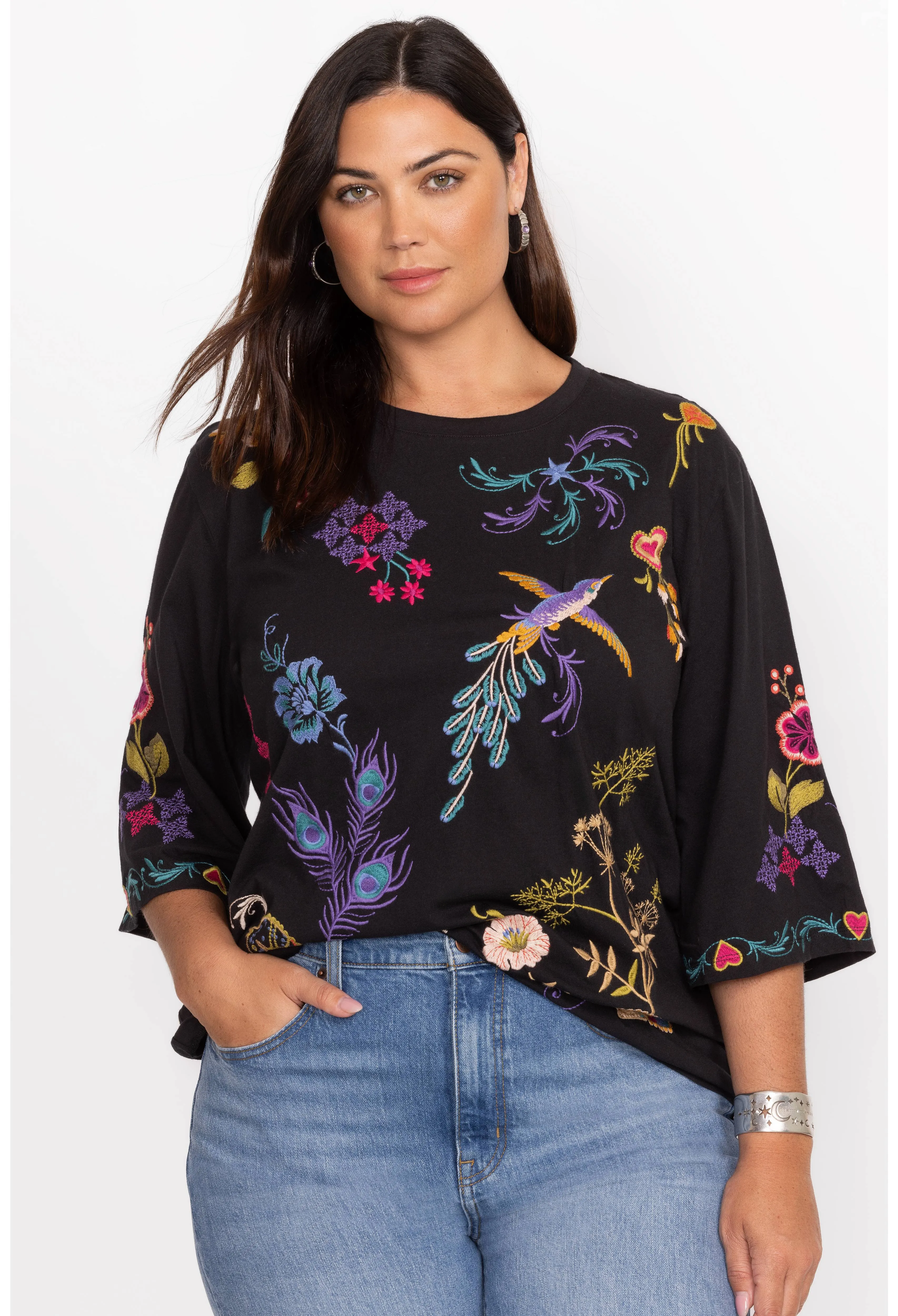 Johnny Was Ariela Boxy Knit Tee Embroider Cotton Swing Floral Shirt Black Top NEW
