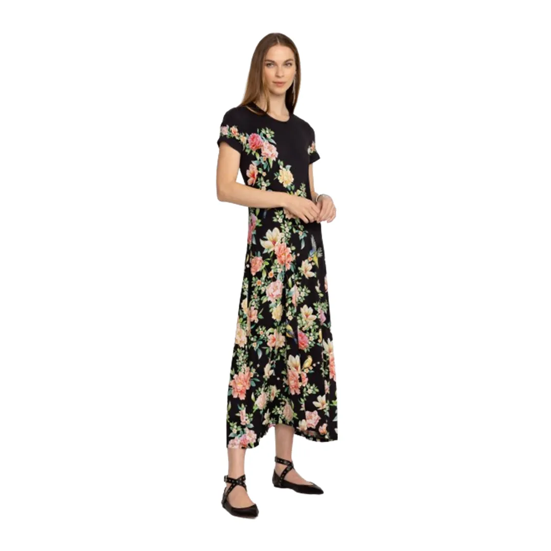 Johnny Was Janie Favorite Birdie Cap Dress Black Flowers Maxi Crew Floral NEW