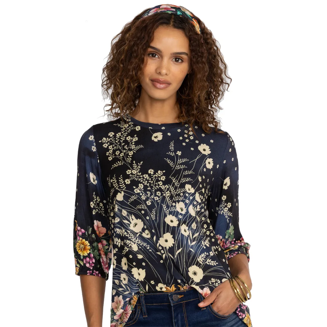 Johnny Was Janie Favorite Puff Sleeve Top Bursting Floral Navy Blue Tee Shirt Flowers NEW