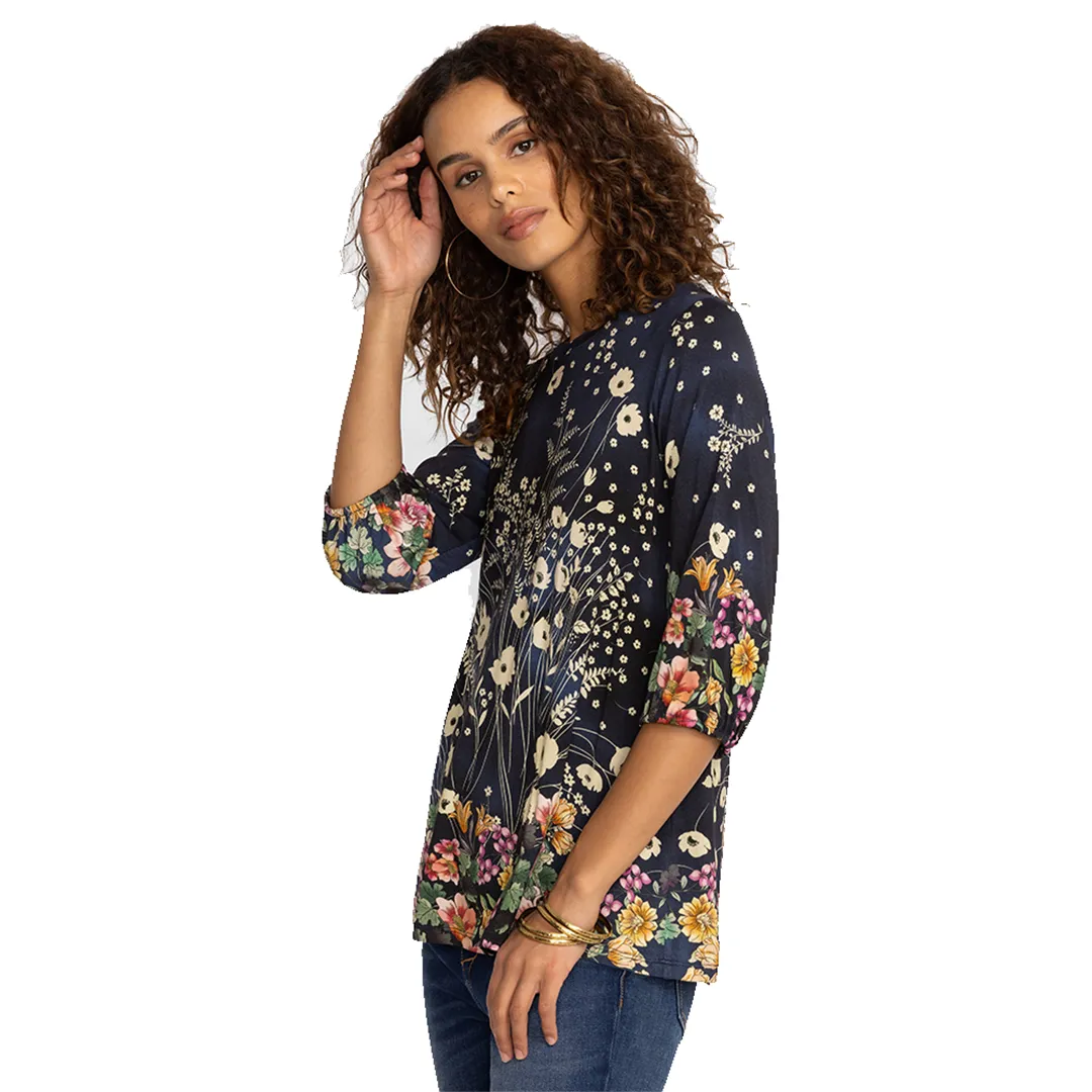 Johnny Was Janie Favorite Puff Sleeve Top Bursting Floral Navy Blue Tee Shirt Flowers NEW