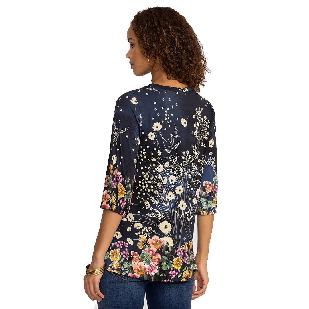 Johnny Was Janie Favorite Puff Sleeve Top Bursting Floral Navy Blue Tee Shirt Flowers NEW