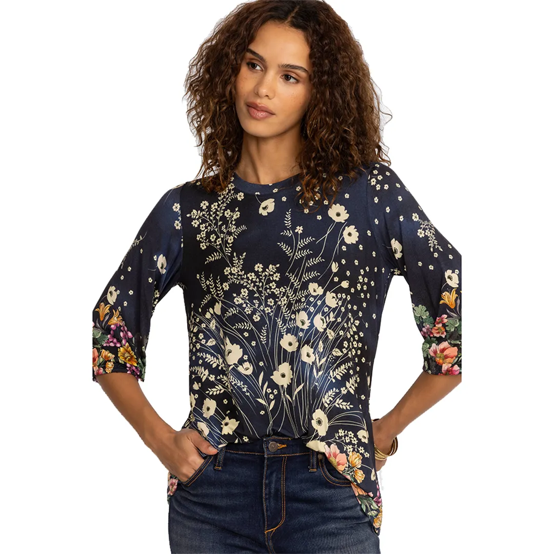 Johnny Was Janie Favorite Puff Sleeve Top Bursting Floral Navy Blue Tee Shirt Flowers NEW