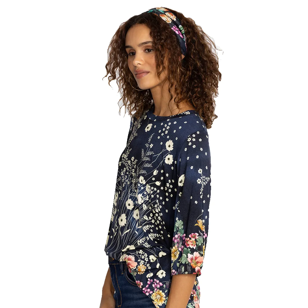 Johnny Was Janie Favorite Puff Sleeve Top Bursting Floral Navy Blue Tee Shirt Flowers NEW