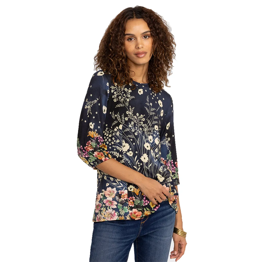 Johnny Was Janie Favorite Puff Sleeve Top Bursting Floral Navy Blue Tee Shirt Flowers NEW