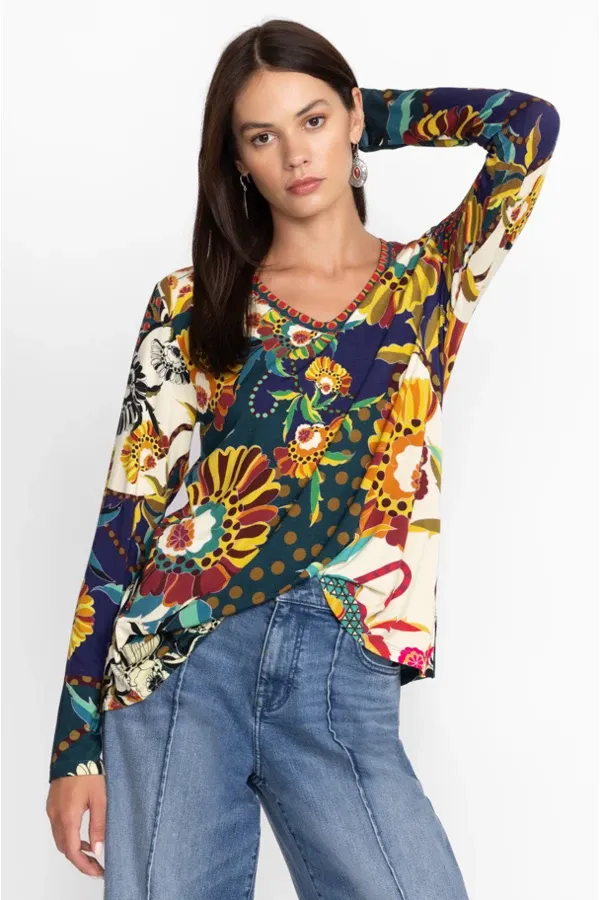 Johnny Was Kimbra Favorite Long Shirt Flared Swing Tee Floral Yellow Top XL NEW