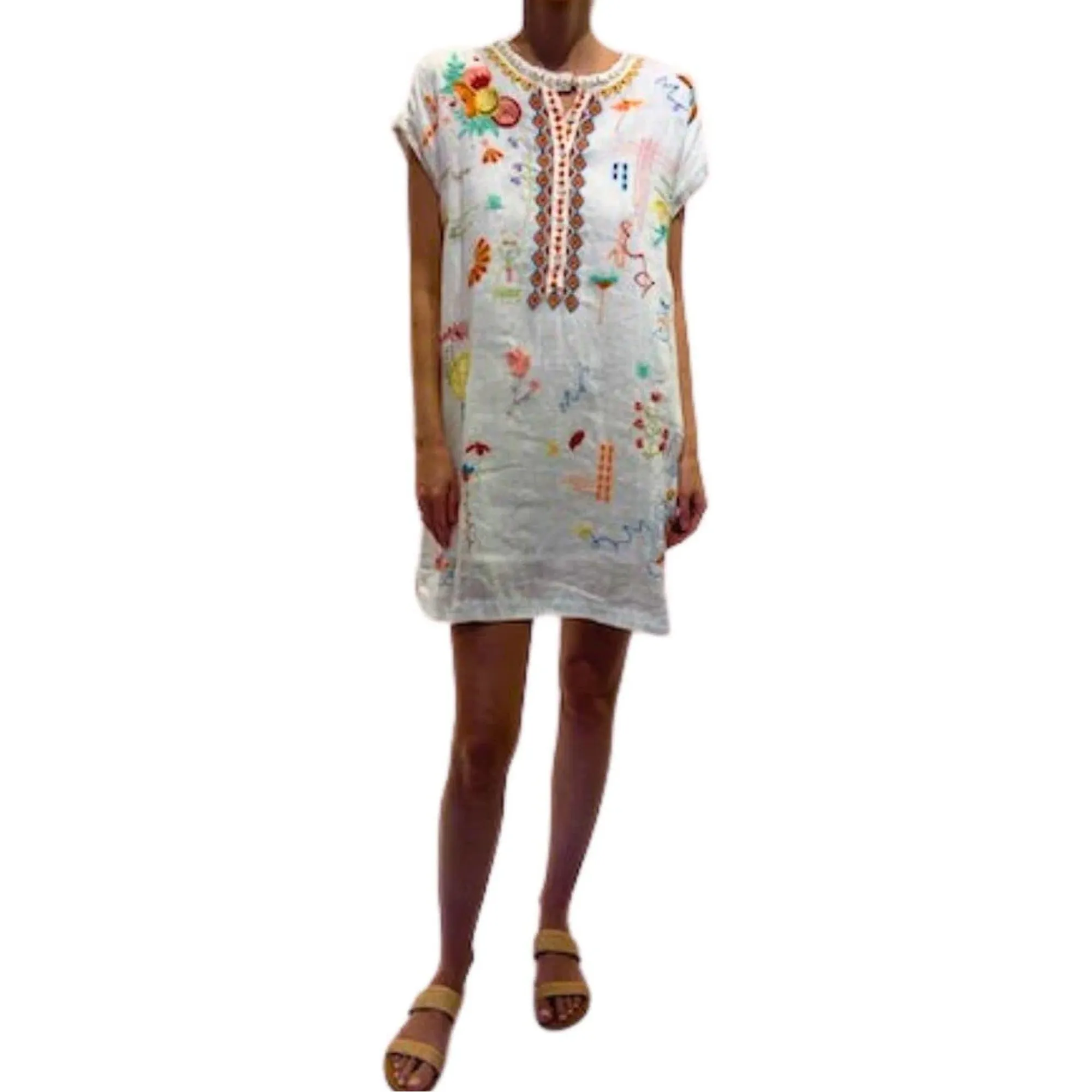Johnny Was Lemona Dress Floral Embroidery Linen Natural Button Front White NEW