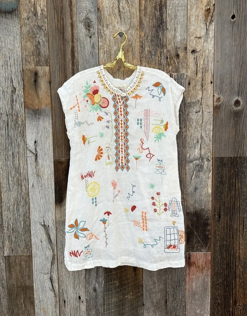 Johnny Was Lemona Dress Floral Embroidery Linen Natural Button Front White NEW