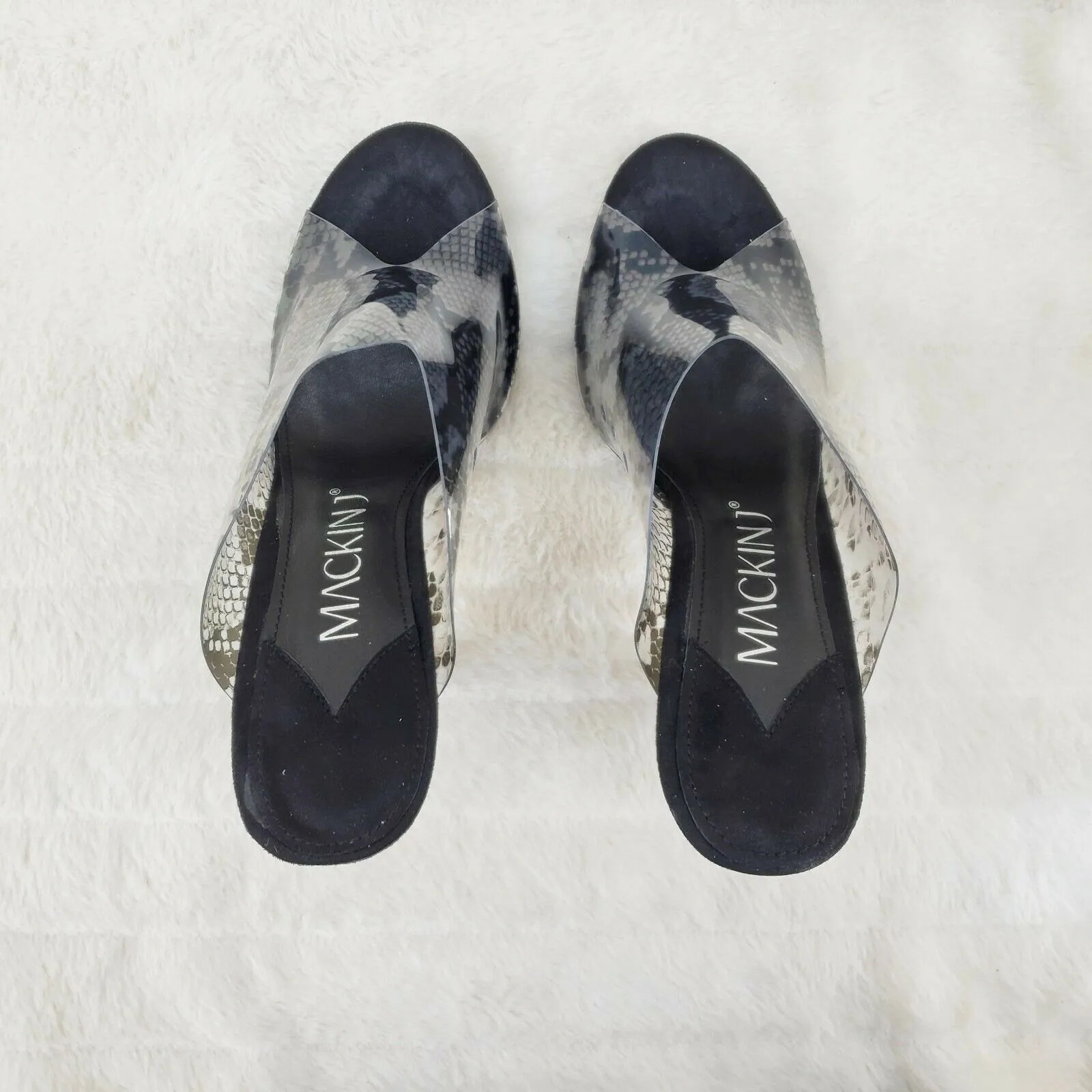 Mac J Black Transparent Snake Print Slip On Clog 5" Clear Acrylic Wedge Heels