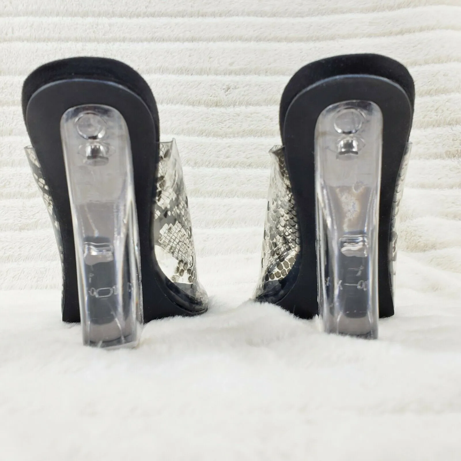 Mac J Black Transparent Snake Print Slip On Clog 5" Clear Acrylic Wedge Heels