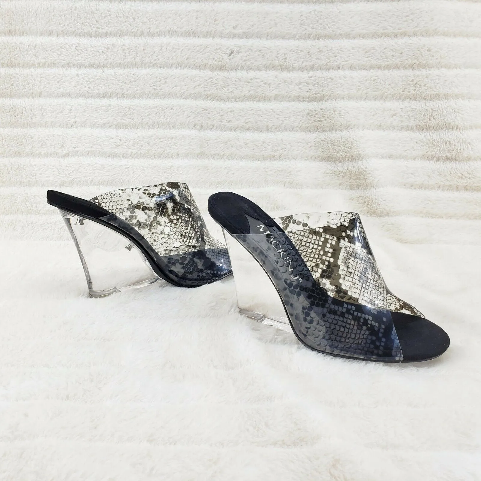 Mac J Black Transparent Snake Print Slip On Clog 5" Clear Acrylic Wedge Heels