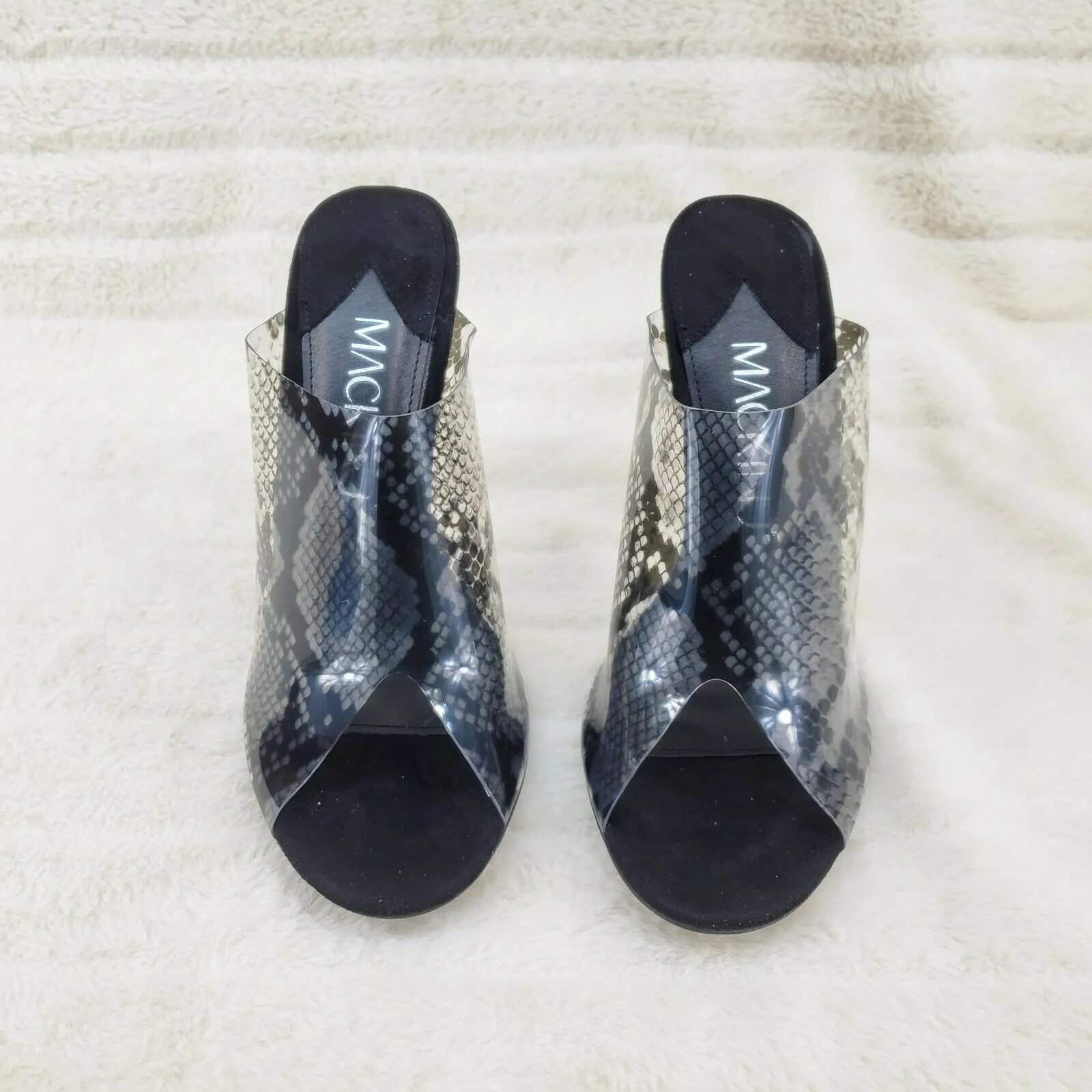 Mac J Black Transparent Snake Print Slip On Clog 5" Clear Acrylic Wedge Heels