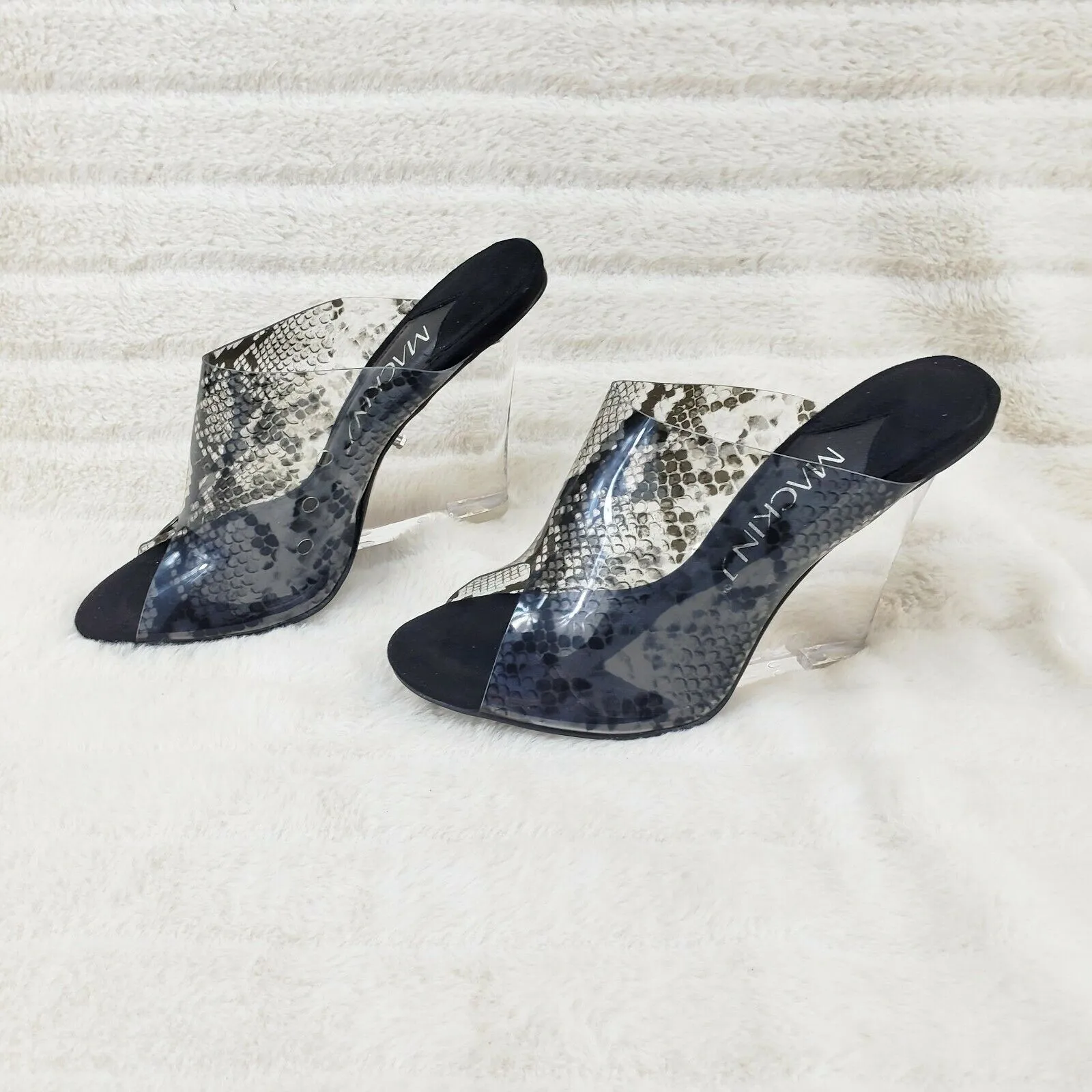 Mac J Black Transparent Snake Print Slip On Clog 5" Clear Acrylic Wedge Heels