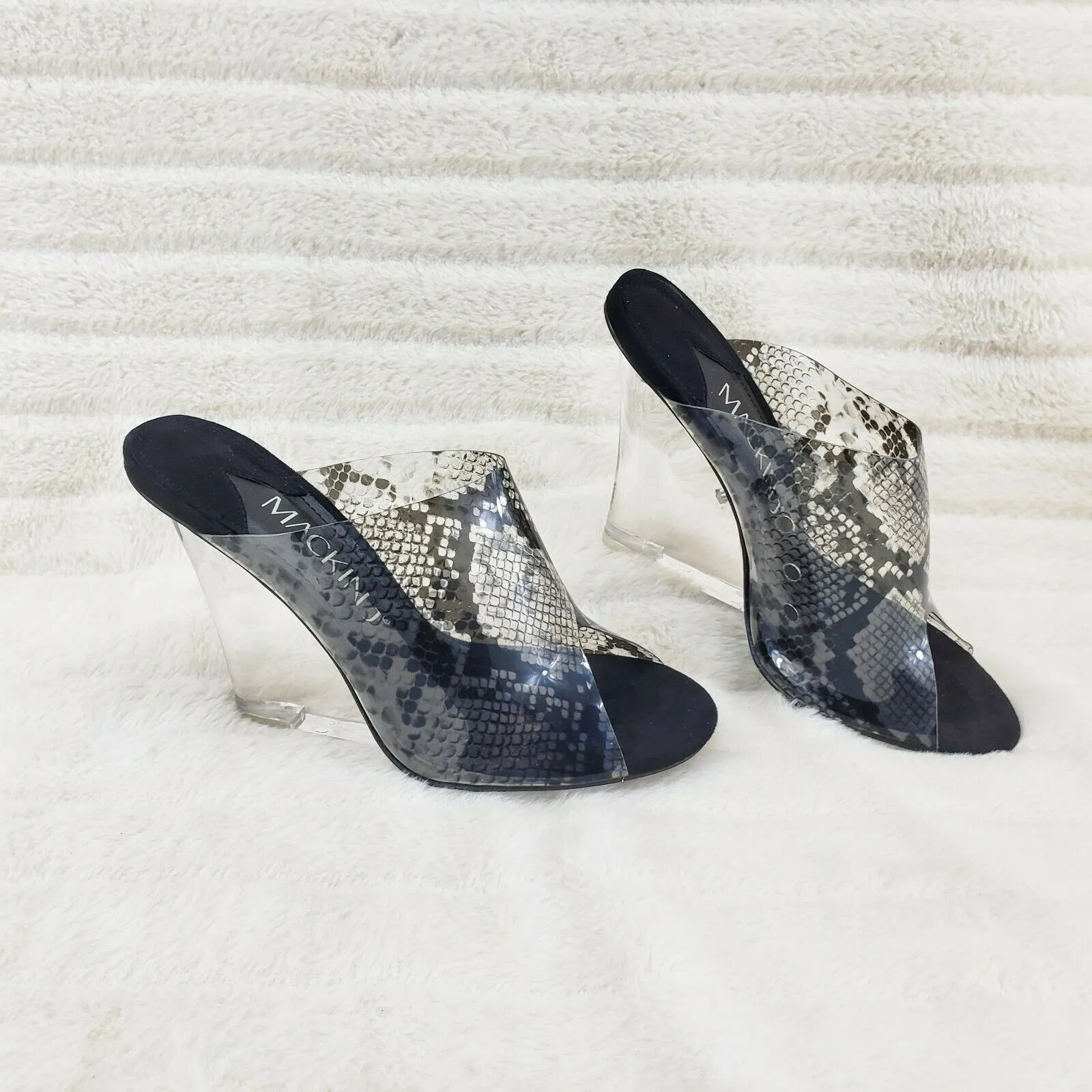 Mac J Black Transparent Snake Print Slip On Clog 5" Clear Acrylic Wedge Heels